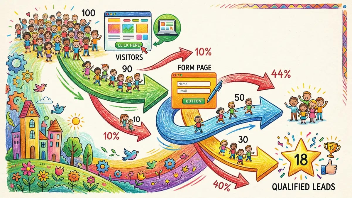 Conversion rate optimisation funnel showing visitors, leads, and customers across digital marketing channels