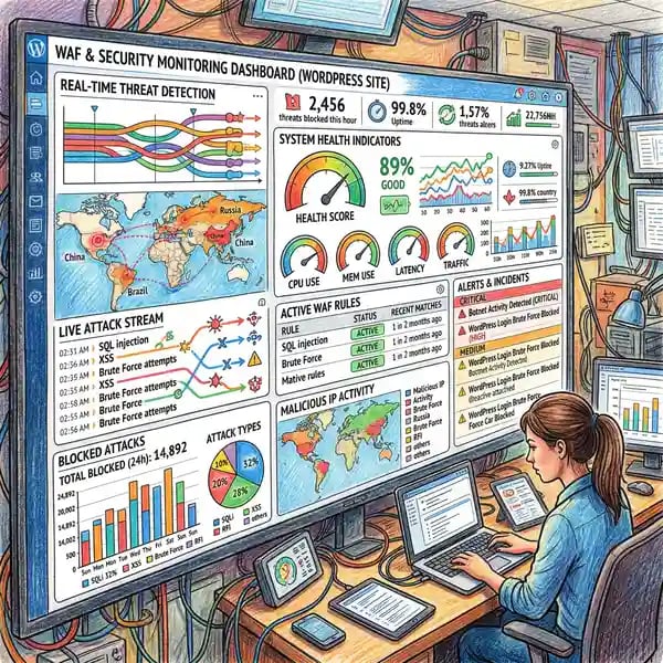 WordPress firewall security monitoring dashboard with real-time threat alerts