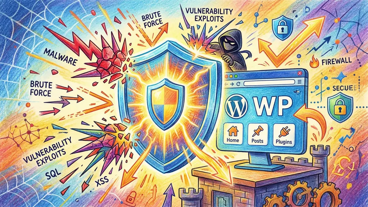 WordPress security shield protecting website from cyber threats and malware attacks