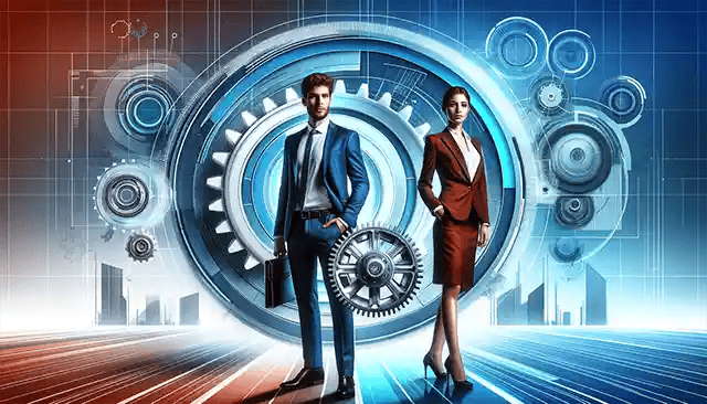 businessman and a businesswoman in a modern, abstract environment