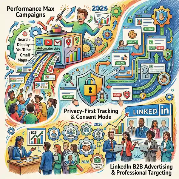 PPC trends visualization showing Performance Max adoption rates, privacy-first tracking adoption and LinkedIn advertising growth