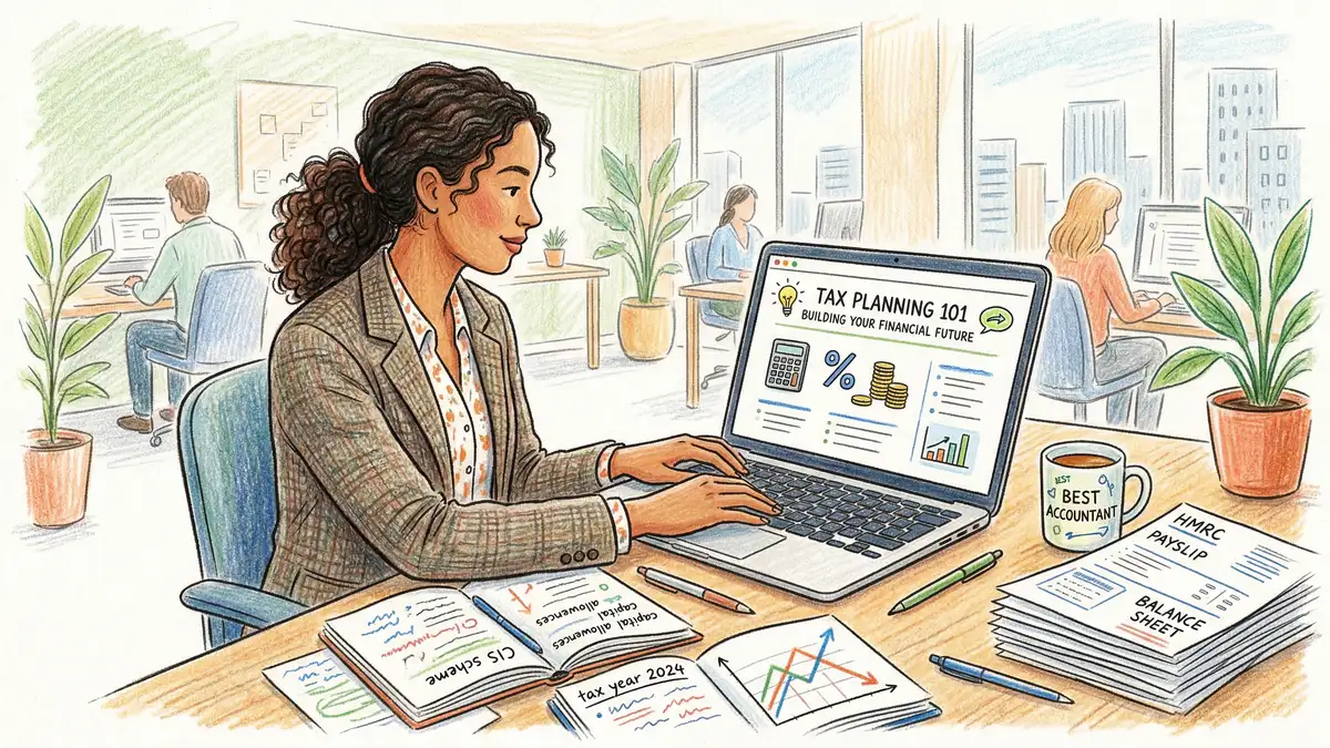 UK accountant creating educational blog content about tax planning with research notes and financial documents on desk