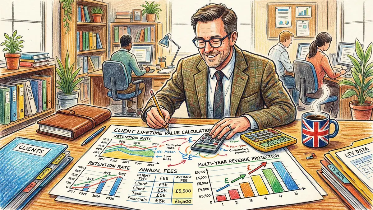 Client lifetime value calculation showing revenue projection for accounting firm client over 8 years
