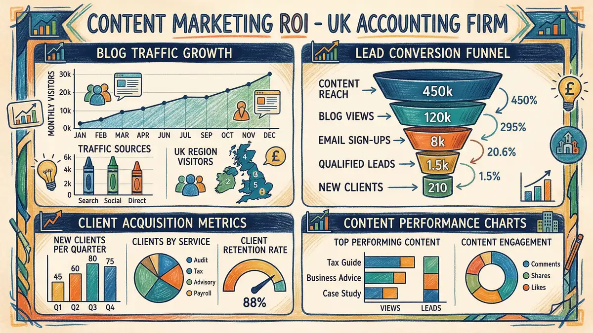 Content marketing ROI measurement dashboard for UK accounting firm showing traffic growth and lead conversion metrics