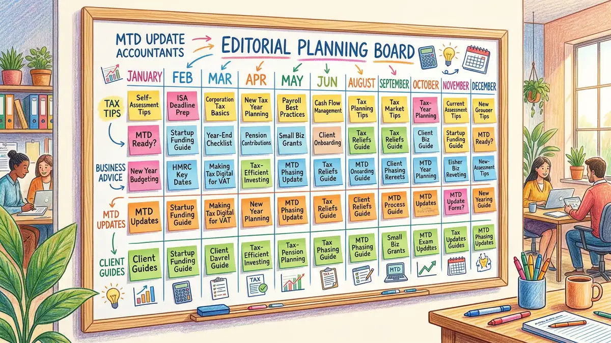Editorial content calendar for UK accounting firm showing seasonal blog topics organised by month