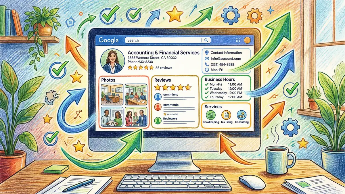 Google Business Profile optimisation process for a UK accounting firm showing profile completion, service descriptions, photos, and review management