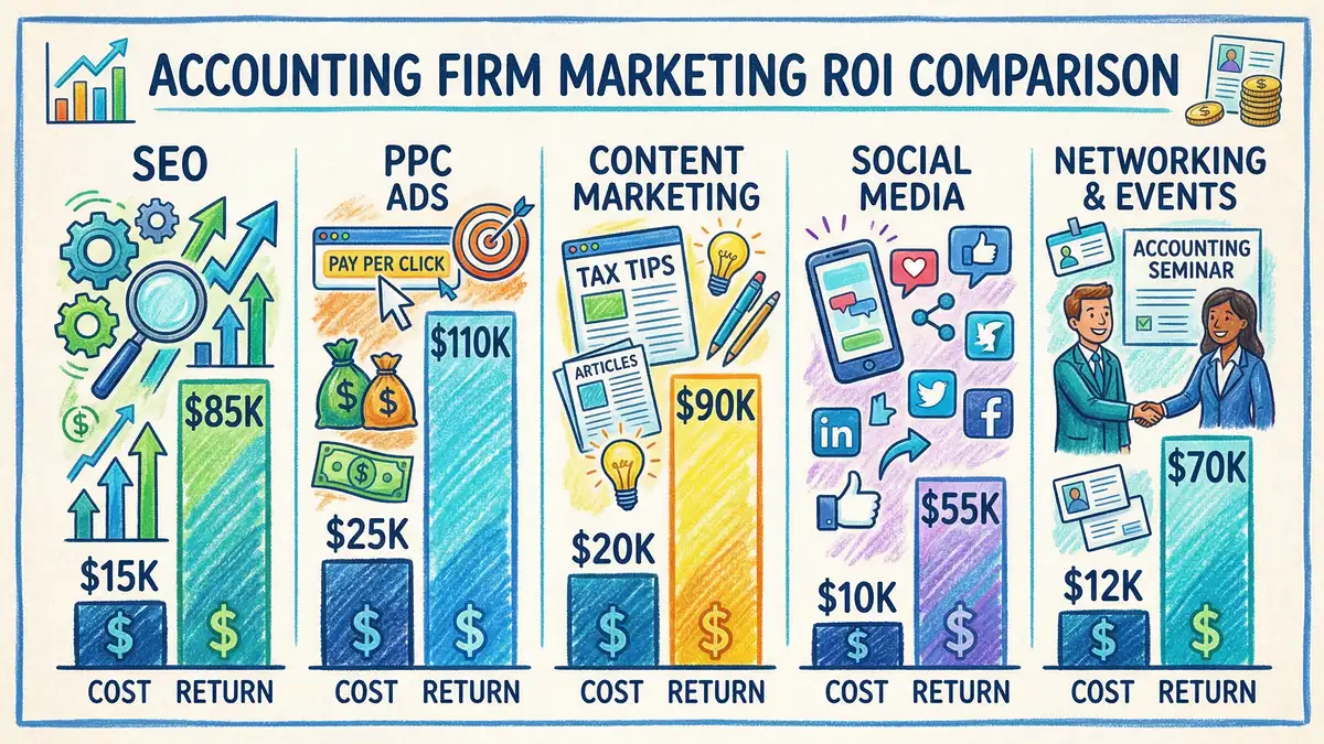 Comparison of marketing channel ROI for UK accounting firms showing SEO, email, PPC, and social media returns