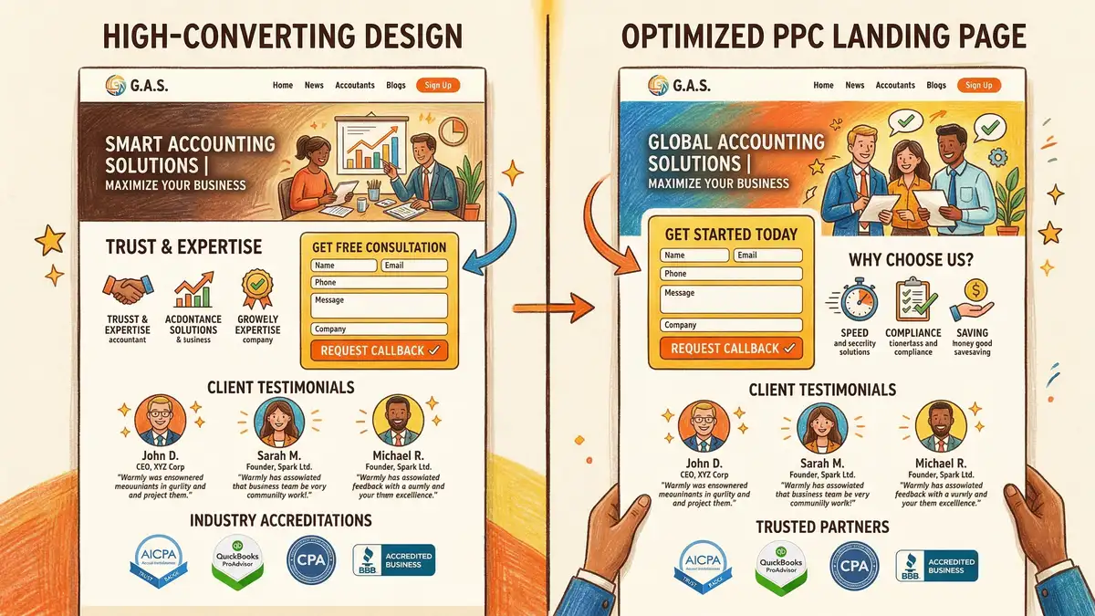 High-converting PPC landing page design for accounting firm with contact form and trust badges