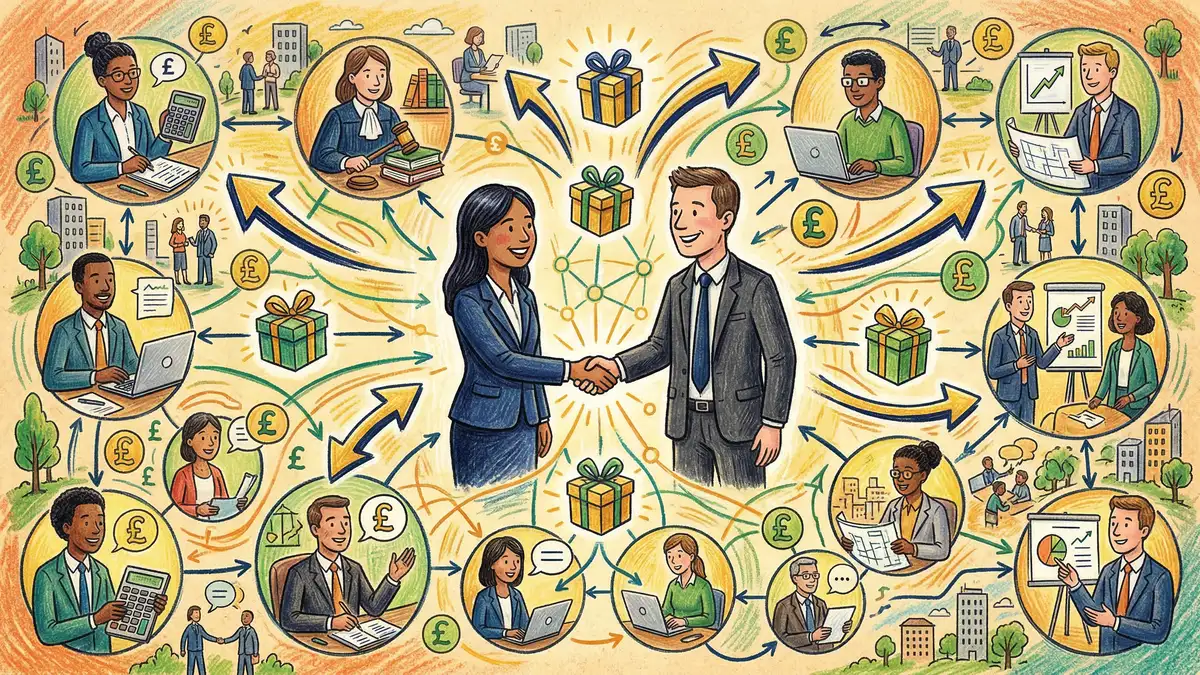 Referral networking strategy for UK accounting firms showing professional connections and partnership-based lead generation