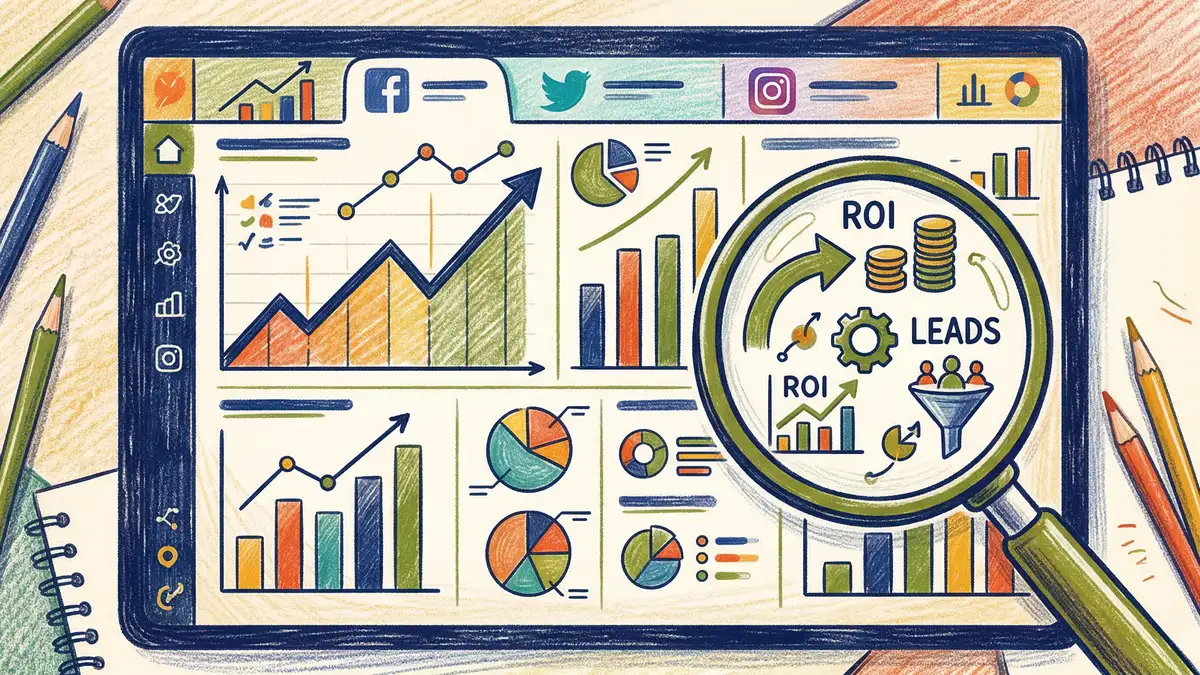 Social media ROI measurement dashboard for UK accounting firms showing engagement metrics, lead generation, and attribution data