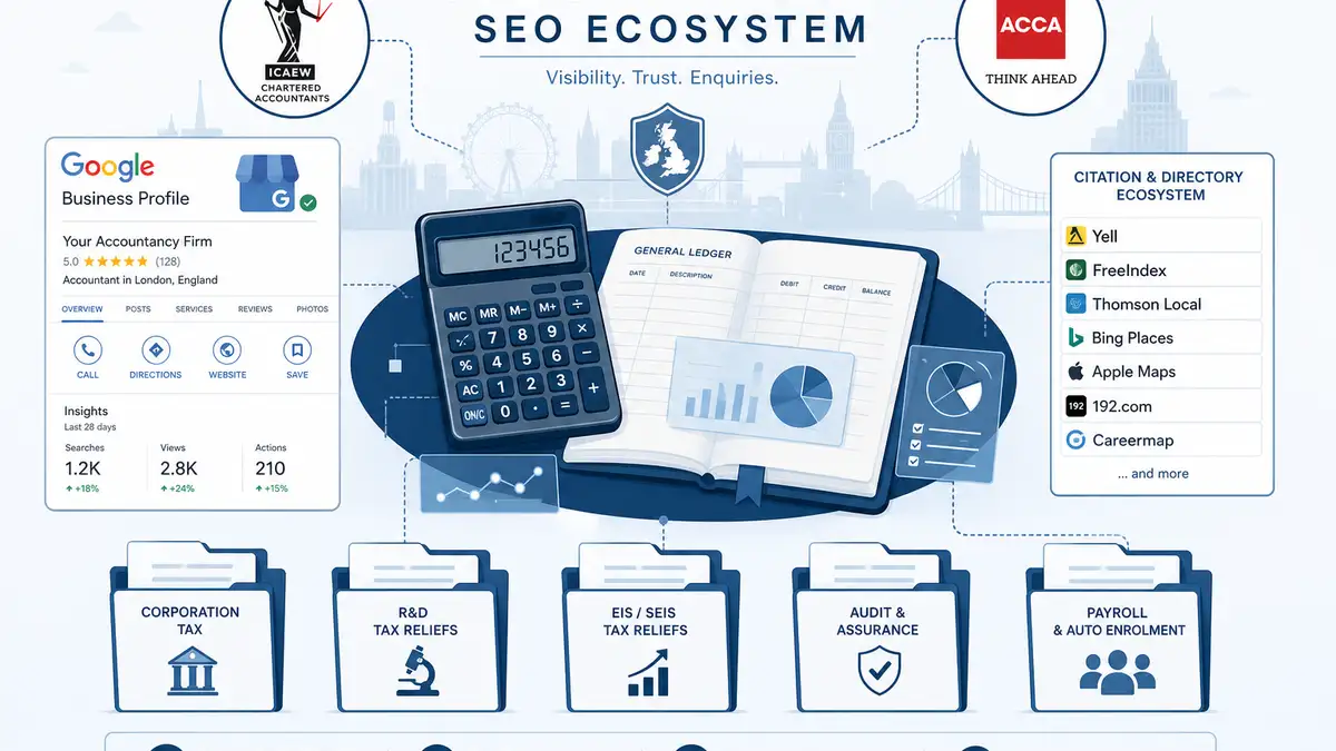 UK accountancy practice workspace with calculator, ledger book, ICAEW badge and subtle AI search overlay representing specialist accountancy SEO