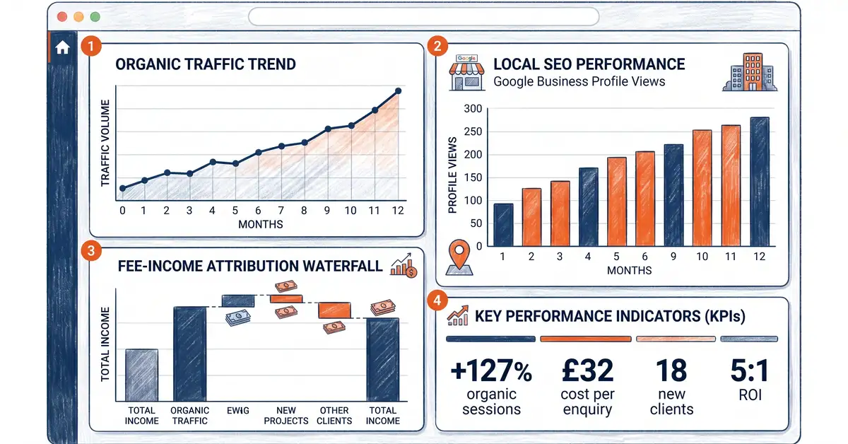 Marketing attribution dashboard showing organic traffic growth, local SEO views, fee-income attribution and 12-month KPIs for a UK accountancy practice