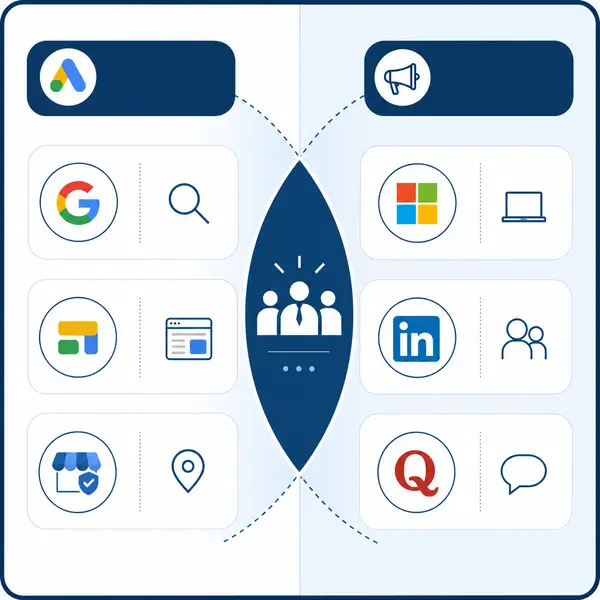 Decision matrix comparing PPC channels for UK accountants — Google Ads, Microsoft Ads, LinkedIn Ads, Local Services Ads