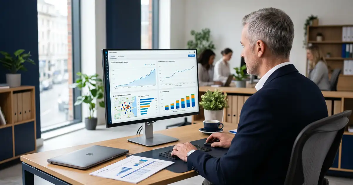UK accountancy firm senior accountant reviewing organic search and fee-income attribution dashboard on a large monitor