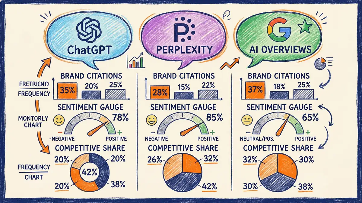 Pencil and crayon drawing of AI answer engines including ChatGPT, Perplexity, and Claude logos with brand citation tracking dashboards and sentiment analysis graphs