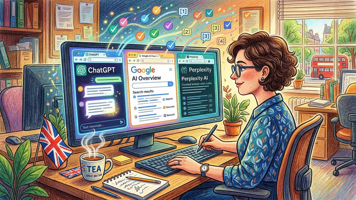 Professional at a desk monitoring multiple AI search platforms including ChatGPT, Google AI Overviews, and Perplexity for brand citation opportunities