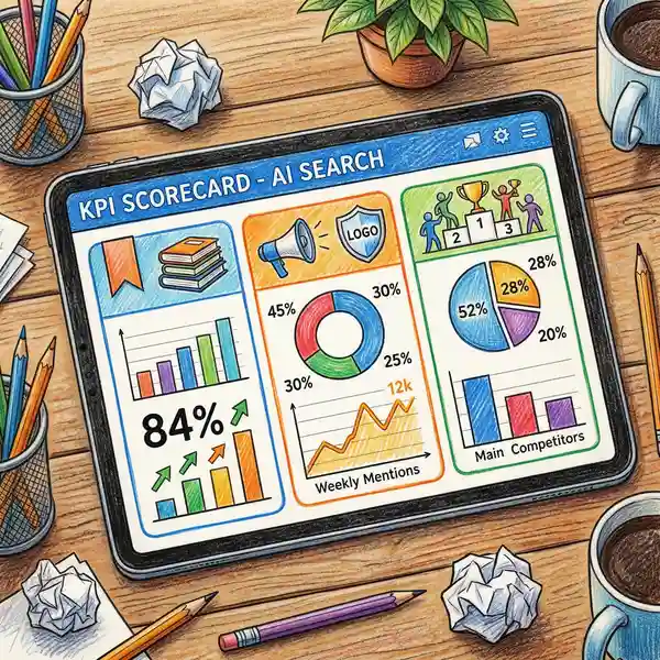 KPI scorecard for AI search performance with citation frequency and competitive metrics