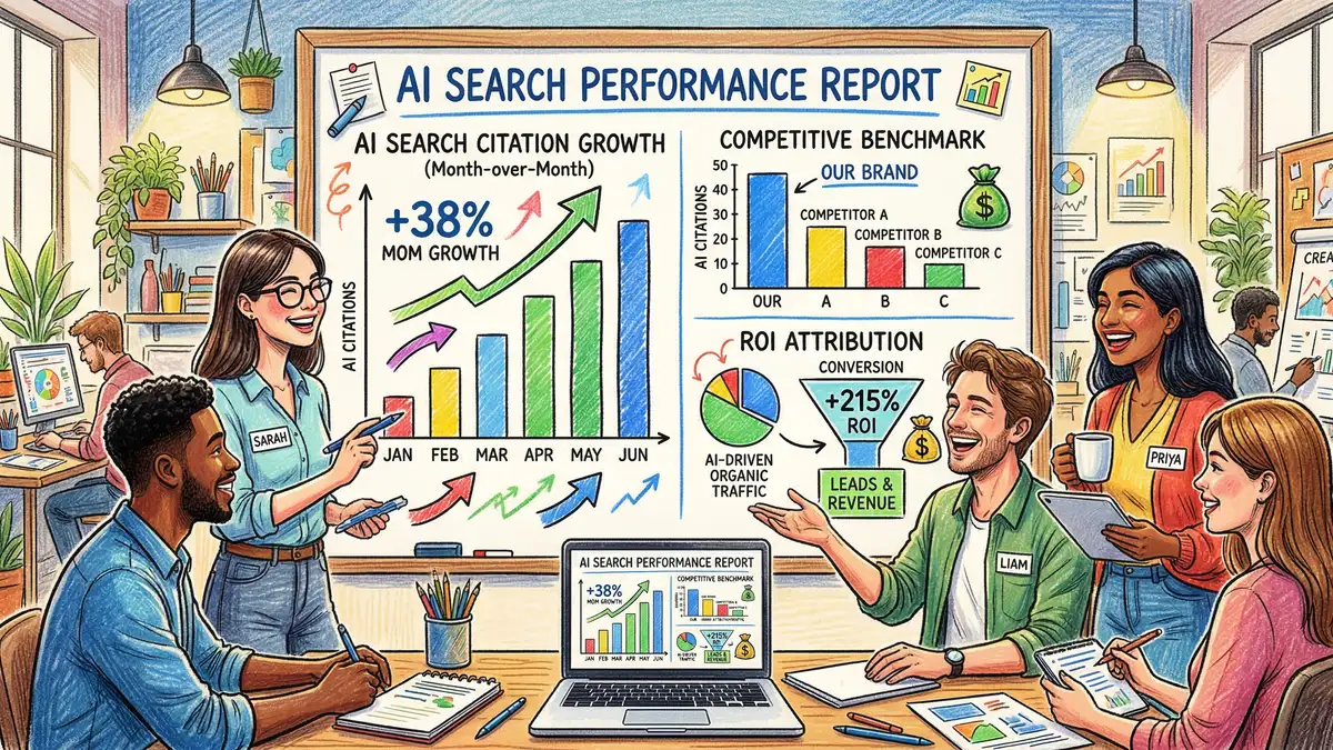 Marketing team reviewing AI search performance report with citation growth and ROI metrics