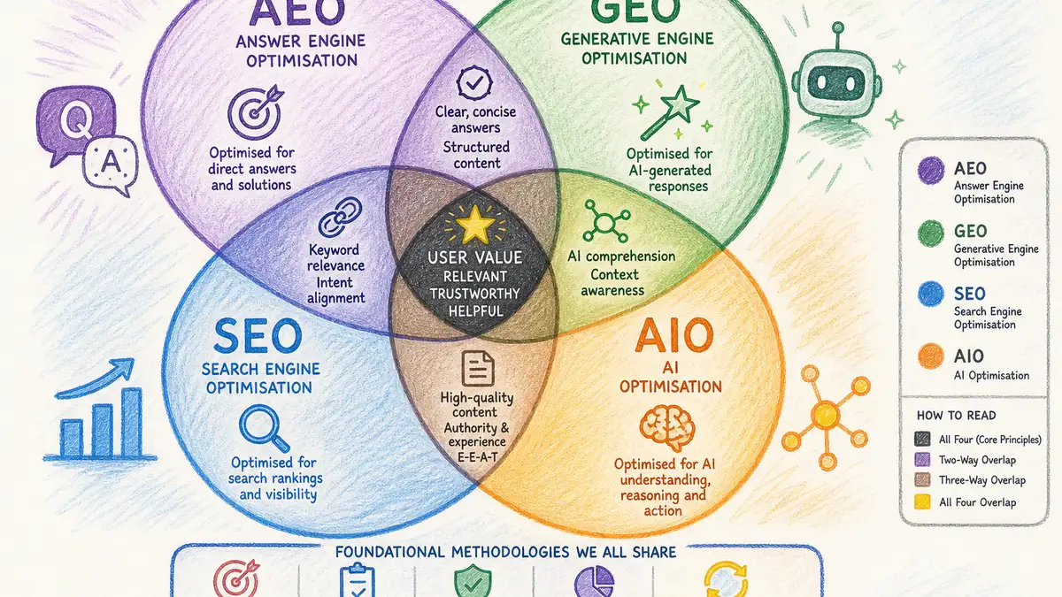Diagram comparing AEO GEO SEO and AIO optimisation disciplines