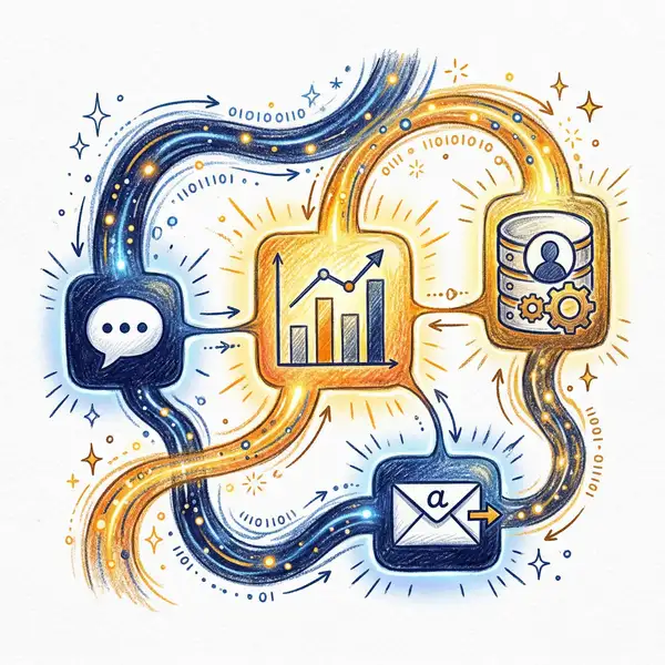 Pencil-crayon illustration of autonomous AI agents represented as interconnected glowing nodes forming a marketing automation network