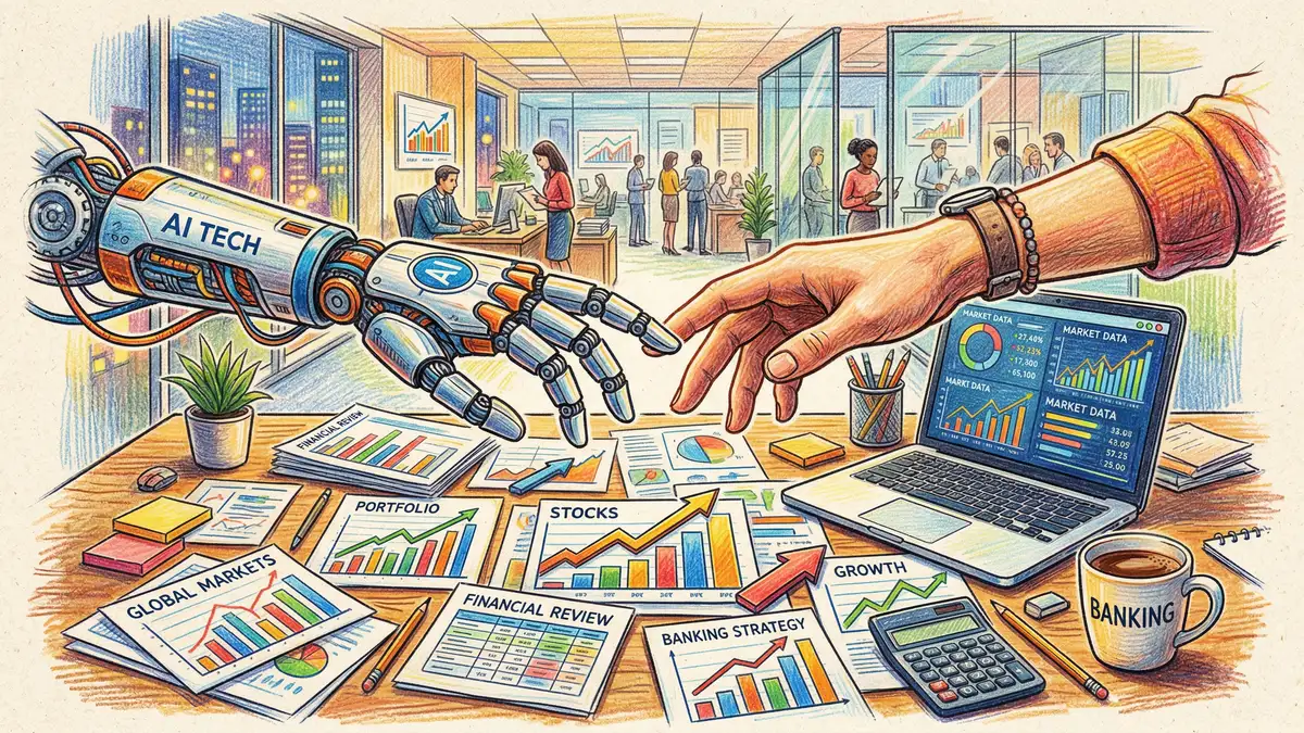 Pen-and-ink style illustration of a robot hand and human hand collaborating over financial documents