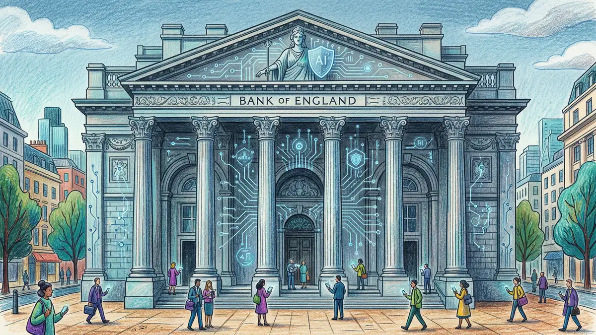 Pencil sketch of the Bank of England building with digital network overlay representing AI regulation in finance