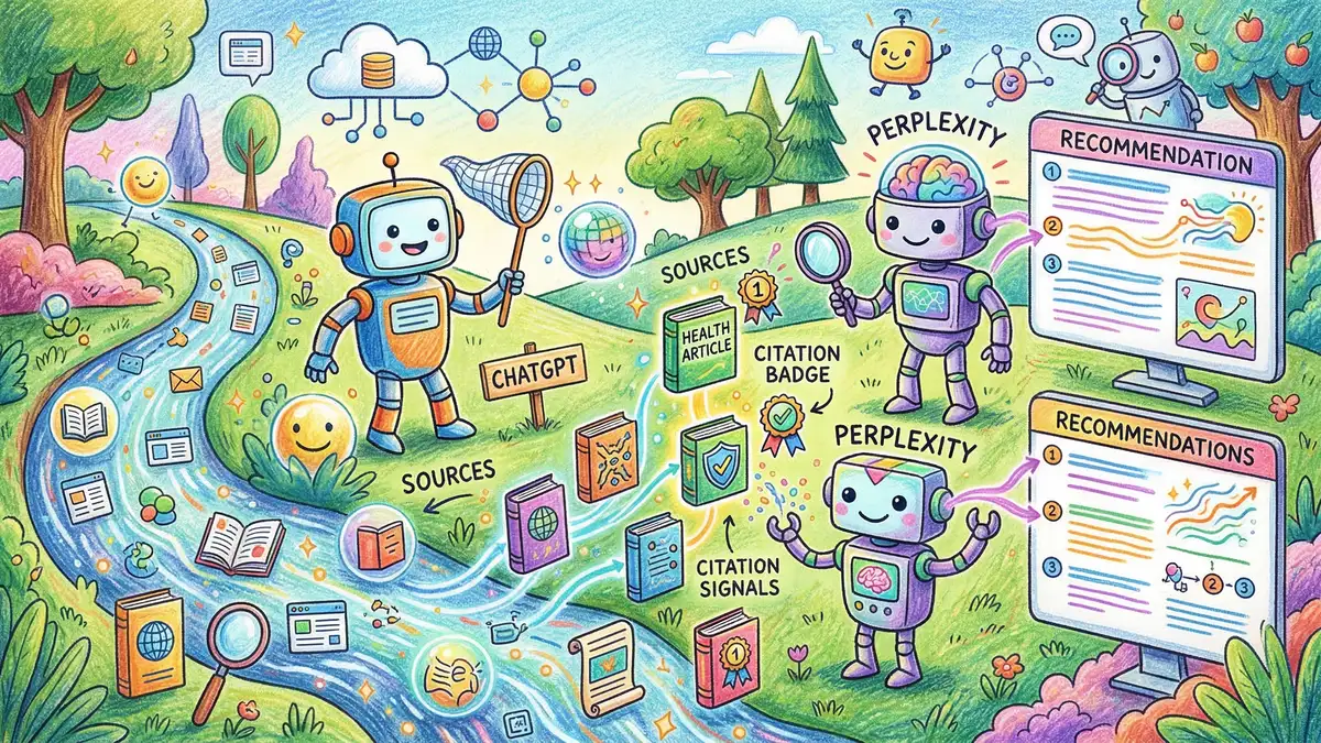 AI search engines selecting and citing sources from web content with citation badges and trust signals