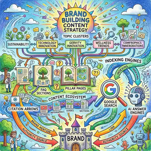 Content strategy map showing topic clusters being indexed by Google and AI answer engines