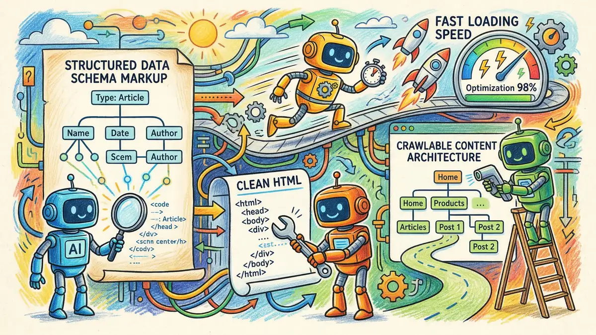 Technical SEO requirements for AI citation including schema markup and crawlable architecture