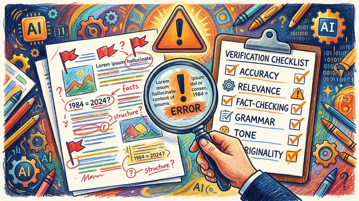 Pencil and crayon sketch of a warning sign showing AI-generated content being flagged by Google's quality algorithm with a red exclamation mark and verification checklist
