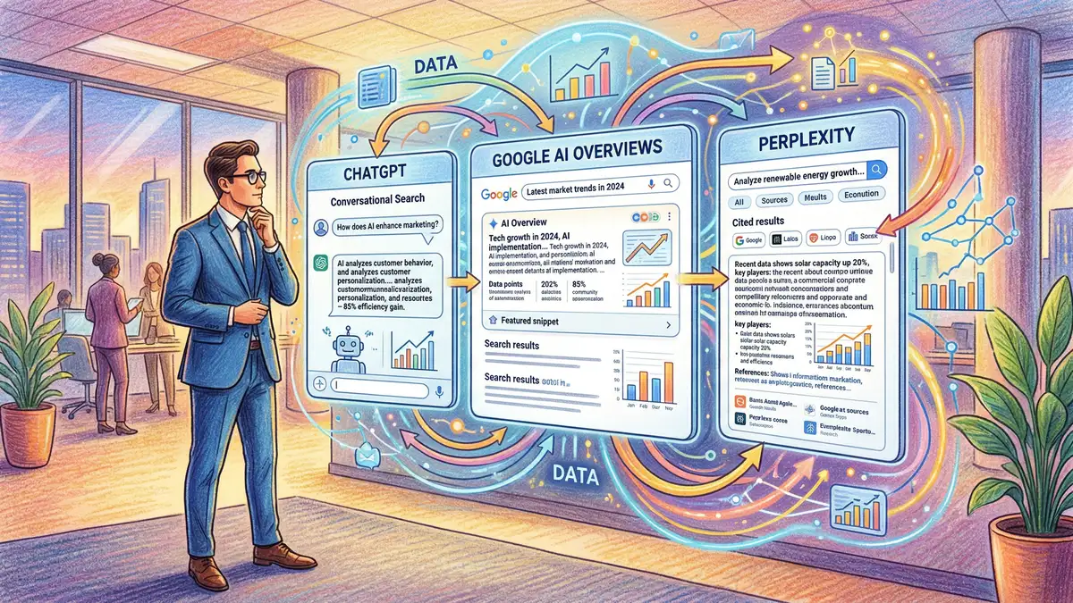 AI-powered search platforms comparison showing growth rates and conversion metrics for ChatGPT, Perplexity, Google AI Overviews, and Claude