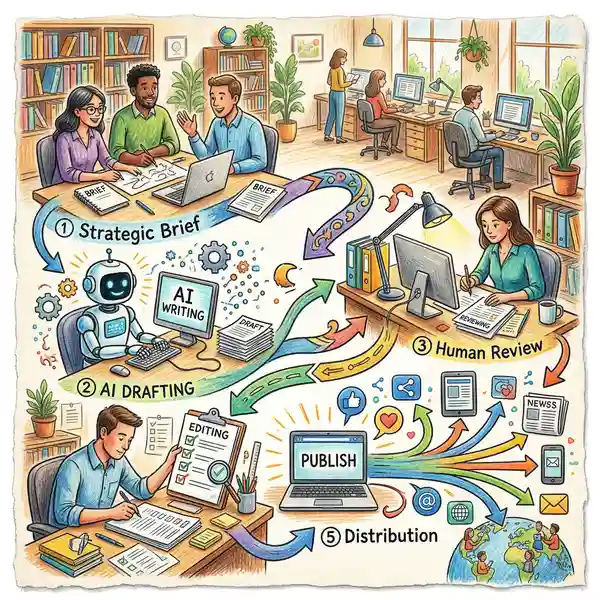 AI content workflow process diagram showing five stages from strategic brief to distribution
