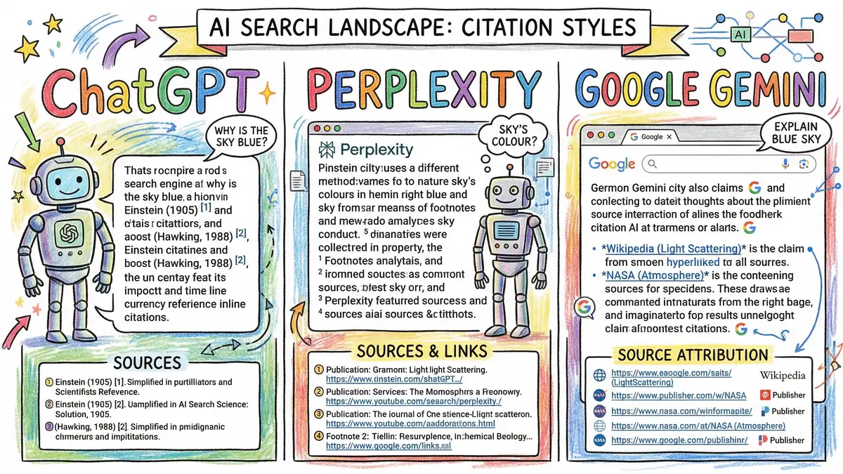 ChatGPT, Perplexity and Google Gemini showing different citation styles for the same query