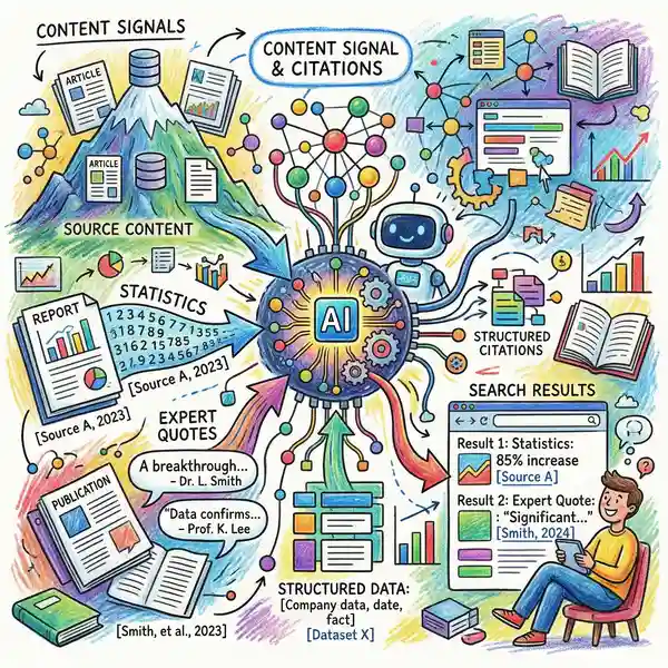 Content signals driving AI citations illustration showing statistics, expert quotes, and structured data being extracted by AI search systems