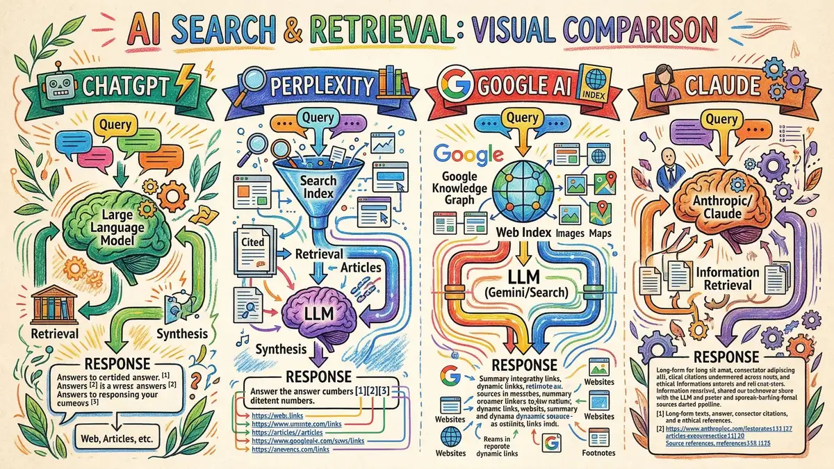 AI search engines comparison visualisation showing ChatGPT, Perplexity, Google AI, and Claude with their unique retrieval architectures and data pipelines