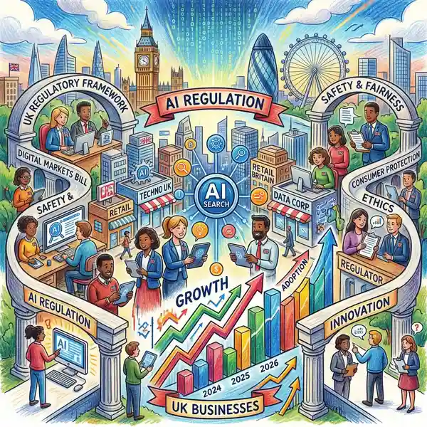UK digital market and AI regulation landscape illustration showing British businesses adopting AI search technology with growth metrics