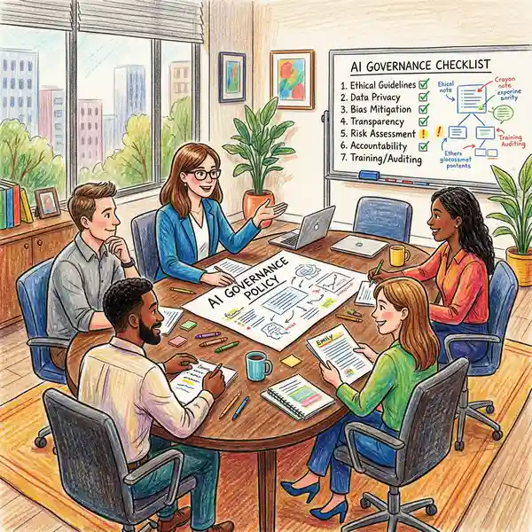 Marketing team reviewing AI governance policy document in boardroom meeting