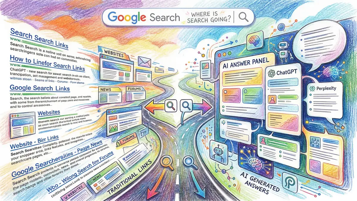 Search results fragmenting into traditional blue links and AI-generated answer panels across multiple platforms
