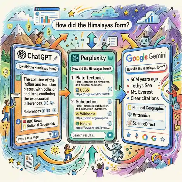 ChatGPT, Perplexity and Google Gemini interfaces showing competitive AI search landscape
