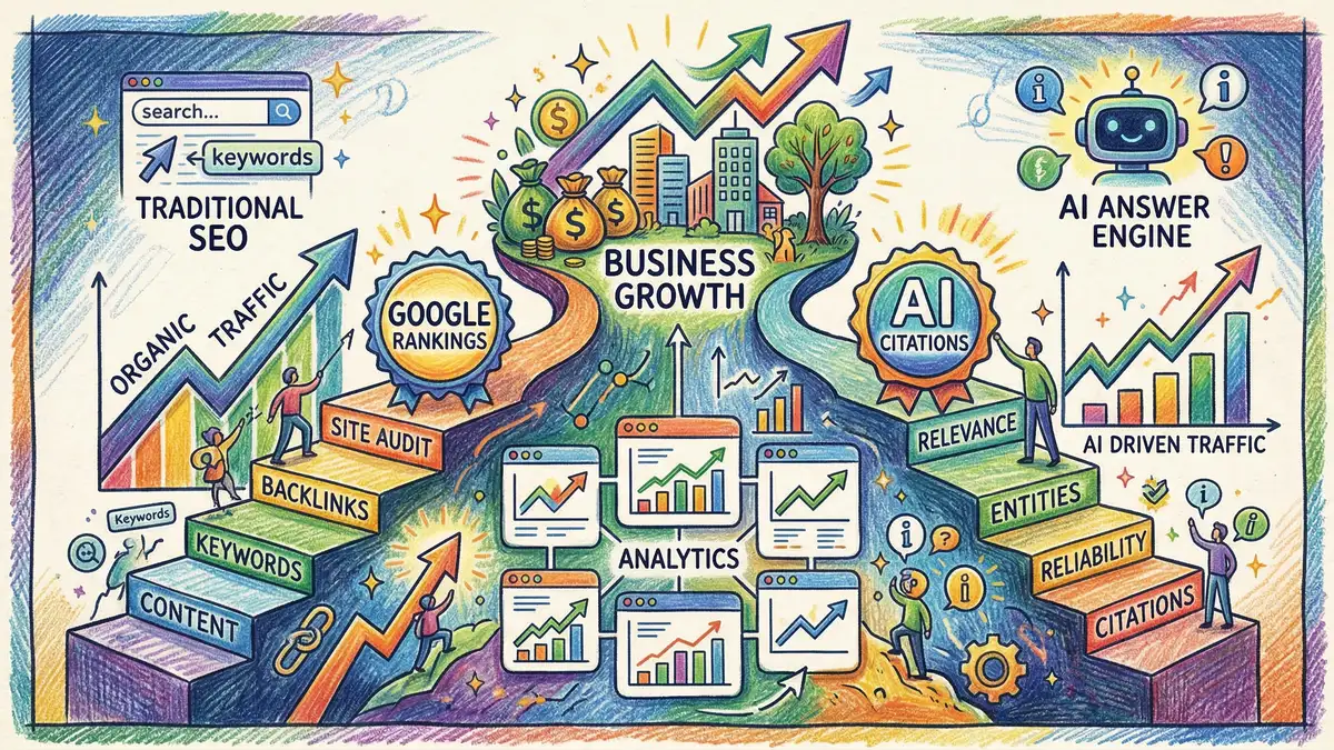 Dual-track SEO strategy combining traditional Google rankings with AI answer engine citations for business growth