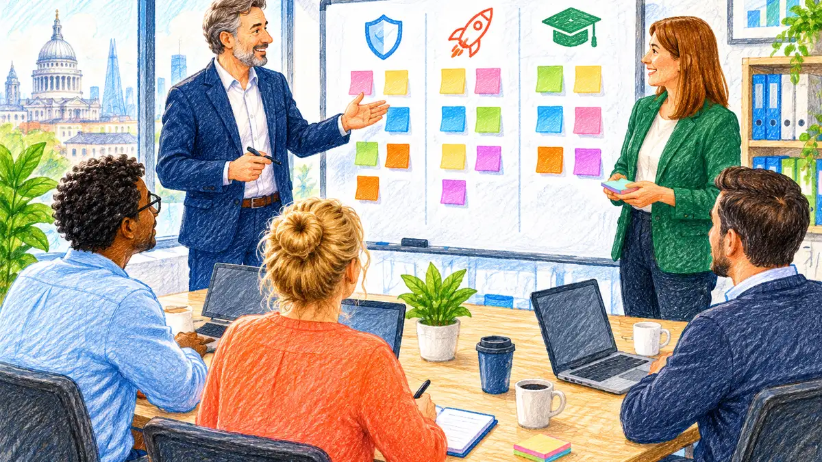 A managing partner and practice manager mapping a 90-day AI adoption plan for policy, pilots and training on a whiteboard with their team