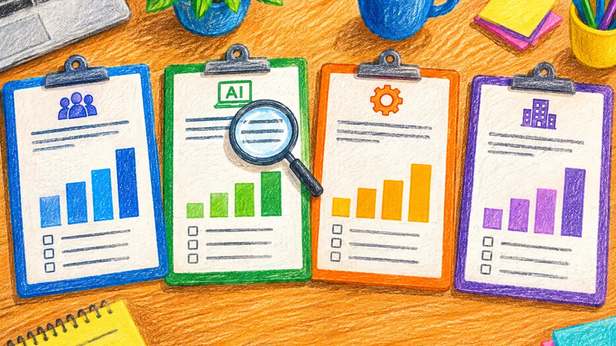 Four survey clipboards with bars of different heights and a magnifying glass over the question wording, showing how AI adoption surveys measure different things