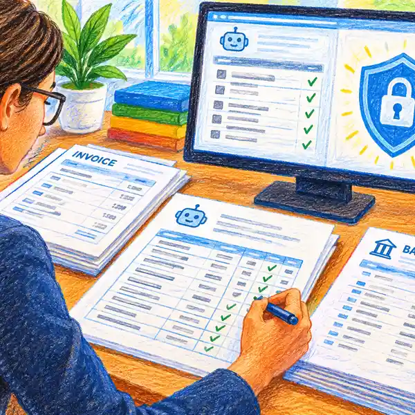 An accountant ticking off an AI-drafted working paper against source invoices, with a padlock icon on screen for client confidentiality