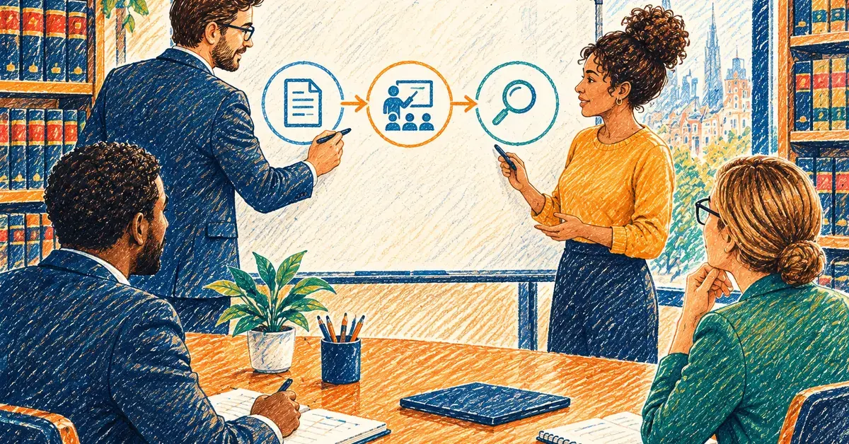 A managing partner and practice manager planning an AI policy, training and a pilot on a whiteboard in a law firm meeting room