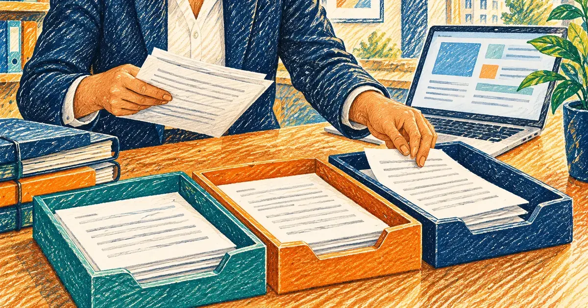 A practice manager sorting legal work into three trays on a desk, separating tasks AI can automate, tasks it can assist with and tasks that stay with a lawyer