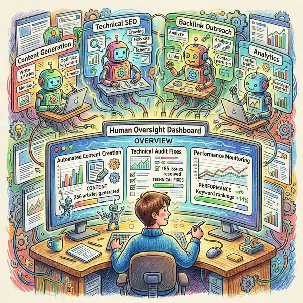 Agentic AI systems managing multiple marketing workflows with human oversight dashboard