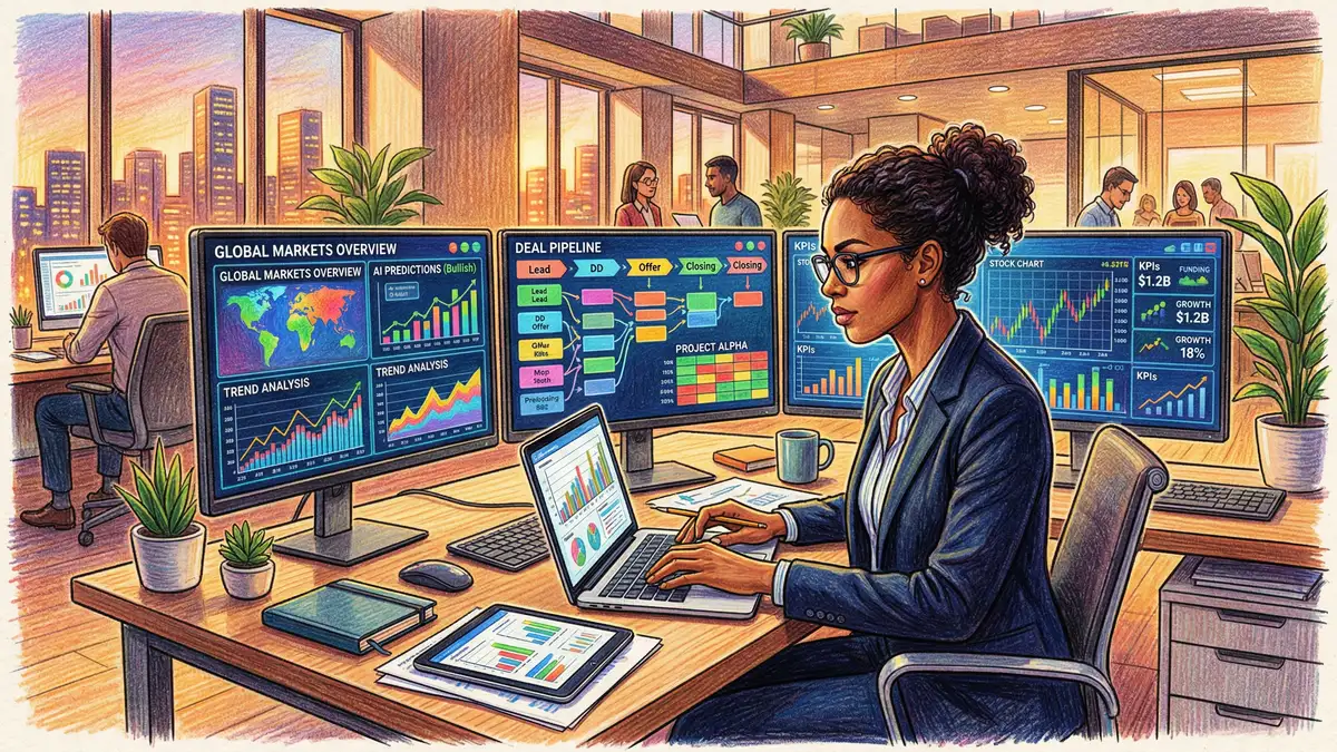 Investment banker working alongside AI tools on multiple screens showing deal analytics and financial models