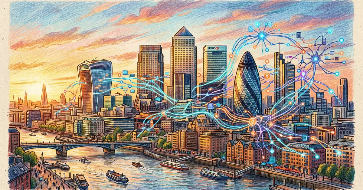 AI transforming investment banking with digital interfaces overlaying a London financial district skyline