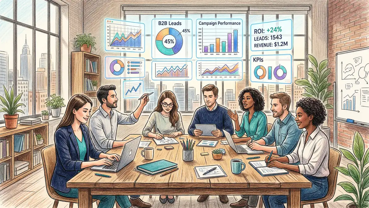 Pencil-crayon illustration of a B2B marketing team collaborating around holographic AI dashboards showing performance metrics and KPIs