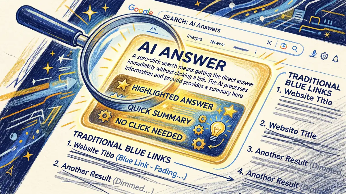 Pencil-crayon illustration showing a magnifying glass over search results with AI answer boxes dominating while traditional blue links fade into the background
